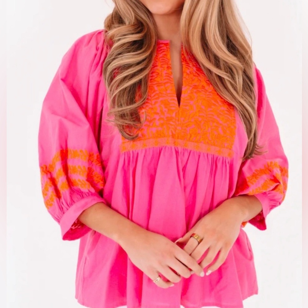 J.Marie Oaxacan Pink Floral Embroidered Top